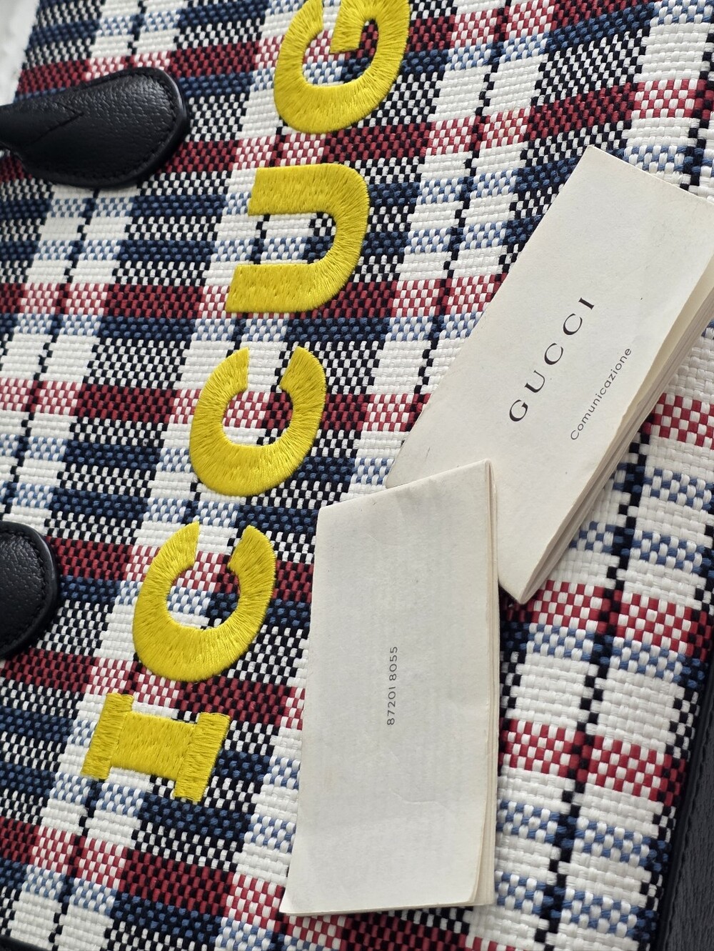 Gucci Multicolor Check "ICCUG" Logo Raffia Tote Bag - Picture 6 of 16